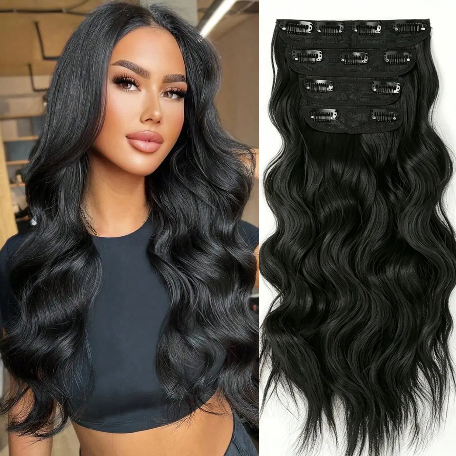 HEYPINK Easy Wear Clip-In Synthetic Fibre Hair Extensions, Black, 4pcs Set, 22in Body Wave, Heat Resistant Hairpiece for Women, Party & Daily Use