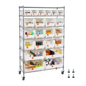 VEVOR 7-Tier Rolling Bin Storage Rack, 22 Organizer Bins, Bin Rack Storage Steel Wire Shelving System with Wheels, Mobile Tool Organizer for Garage, Warehouse, Office, Restaurant, Classroom, Kitchen