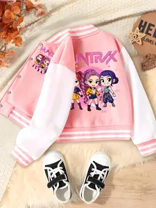 Kpop Demon Hunters Print Girls Short Baseball Jacket, Casual Fitted School Uniform, Elastic Fabric for Outdoor Activities, Halloween Fall Fashion, Casual Cute Outerwear