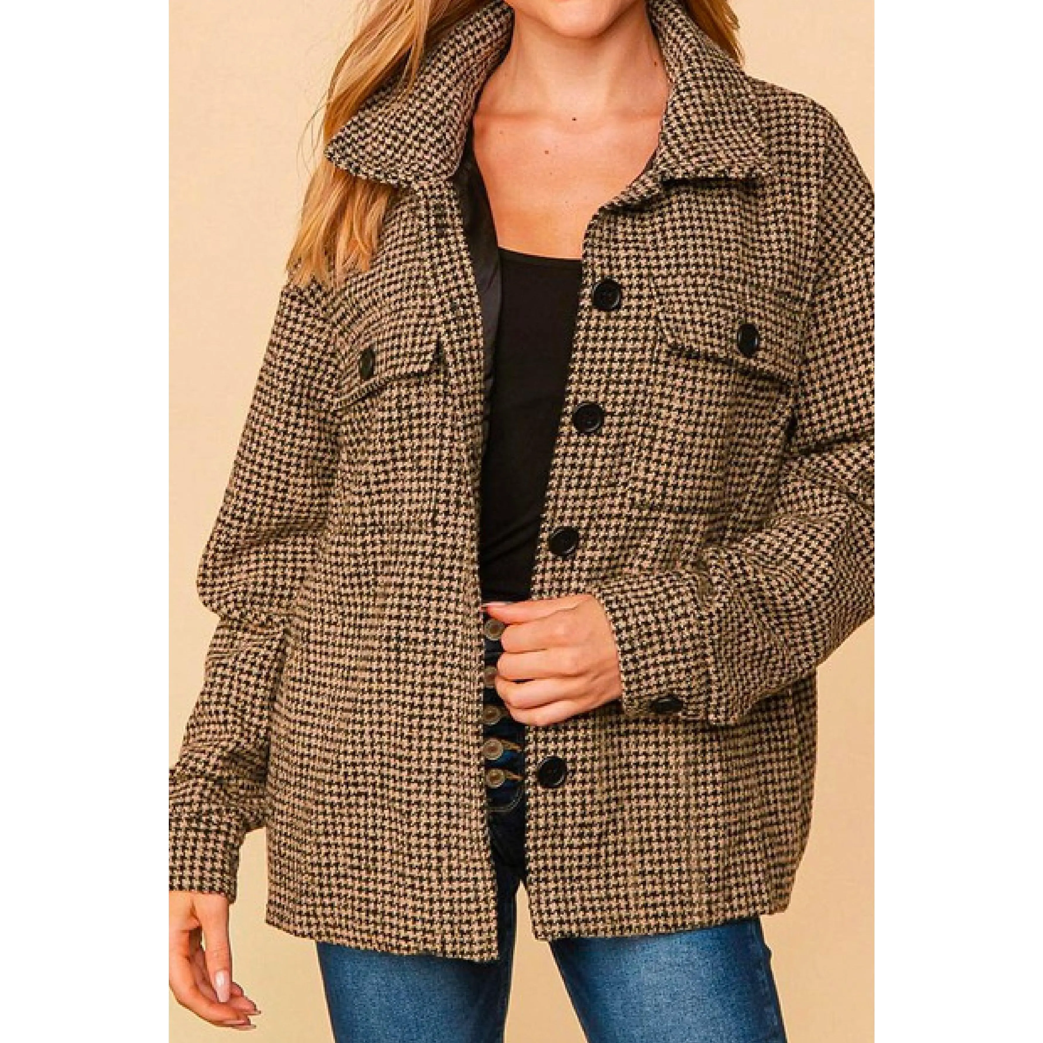 Jaycee - Collared houndstooth check textured heavy trill button down long sleeve oversize loose fit jacket with pockets and lining - Black/Sand