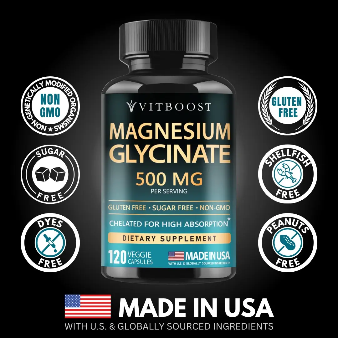 Vitboost Magnesium Glycinate 500 mg, Muscle Relaxation, Sleep, Calm & Energy, High Absorption, Vegan, Non-GMO, 120 Capsules