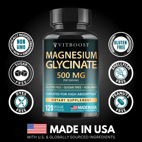 Vitboost Magnesium Glycinate 500 mg, ​​Muscle Relaxation, Sleep, Calm & Energy, High Absorption, Vegan, Non-GMO, 120 Capsules