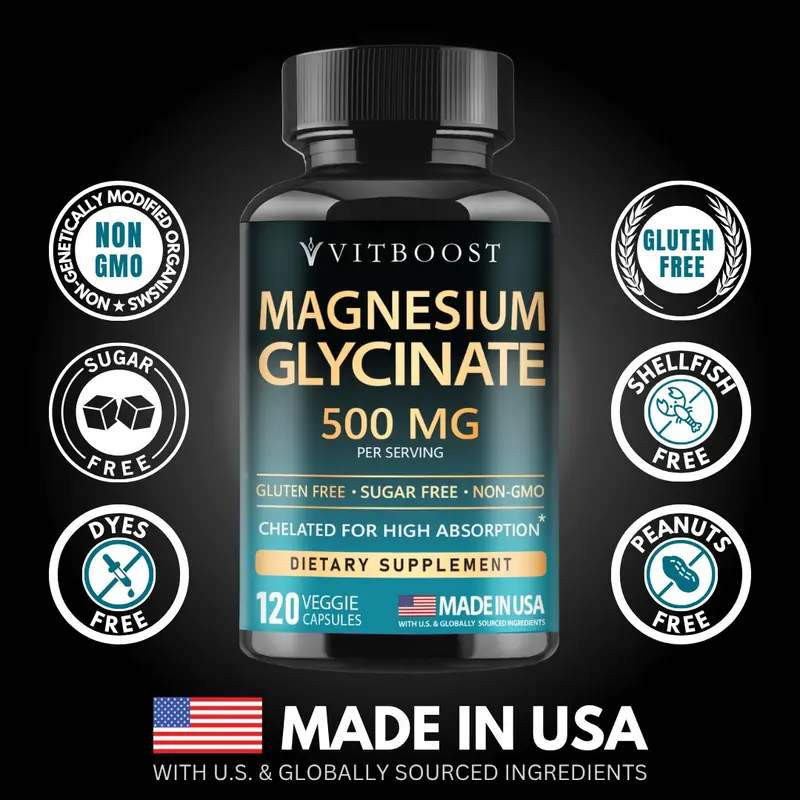 Vitboost Magnesium Glycinate 500 mg, ​​Muscle Relaxation, Sleep, Calm & Energy, High Absorption, Vegan, Non-GMO, 120 Capsules
