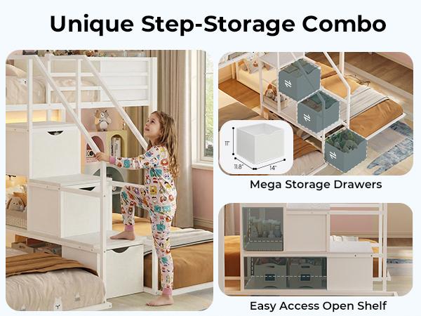 ADORNEVE Triple Bunk Bed with Storage Staircase, RGB Lights & Charging Station, Twin Over Twin, Heavy Duty Metal 3 Bunk Beds with Drawers & Headboard Shelf, Safety Guardrails, for Kids