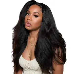 LEFGODY Kinky Straight V-Part Human Hair Wig for Black Women, 18-Inch Glueless Half Wig with Clips, 220% Density Natural Color, No Leave Out Upgrade，Natural Color，Upgrade Glueless U Part Wig Half Wigs Clips In No Leave Out 220% Density Natural Color