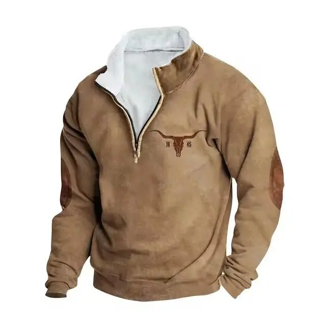 2026  Men's Vintage Print Casual Long Sleeve 1/4 Zip Cowboy Sweatshirt, Western Fleece Pullover Sweatshirt, Winter Fall
