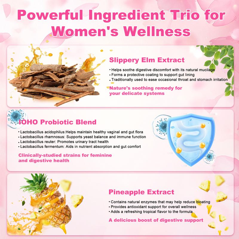 IOHO Her Juicy Feminine Probiotics Gummies-All in One Solution with Slippery Elm and Prebiotics&Lactobacillus Probiotic Blend for Women's pH Balance and Dryness-Hawaiian Pineapple Gummies 60 Count women’s probiotics - Supplement  Healthcare
