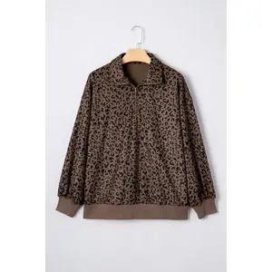 Brown Leopard Print Quarter Zip Corduroy Sweatshirt