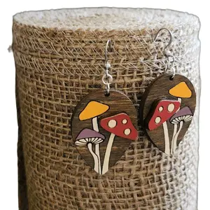Magical Mushroom Earrings, Nickel Free Hypoallergenic Hardware, Reclaimed Wood,  Hand Painted and Sealed For Long Lasting Protection, Gift For Her Birthday, Cute Trendy Dangle Earrings, Nature Lovers Gift