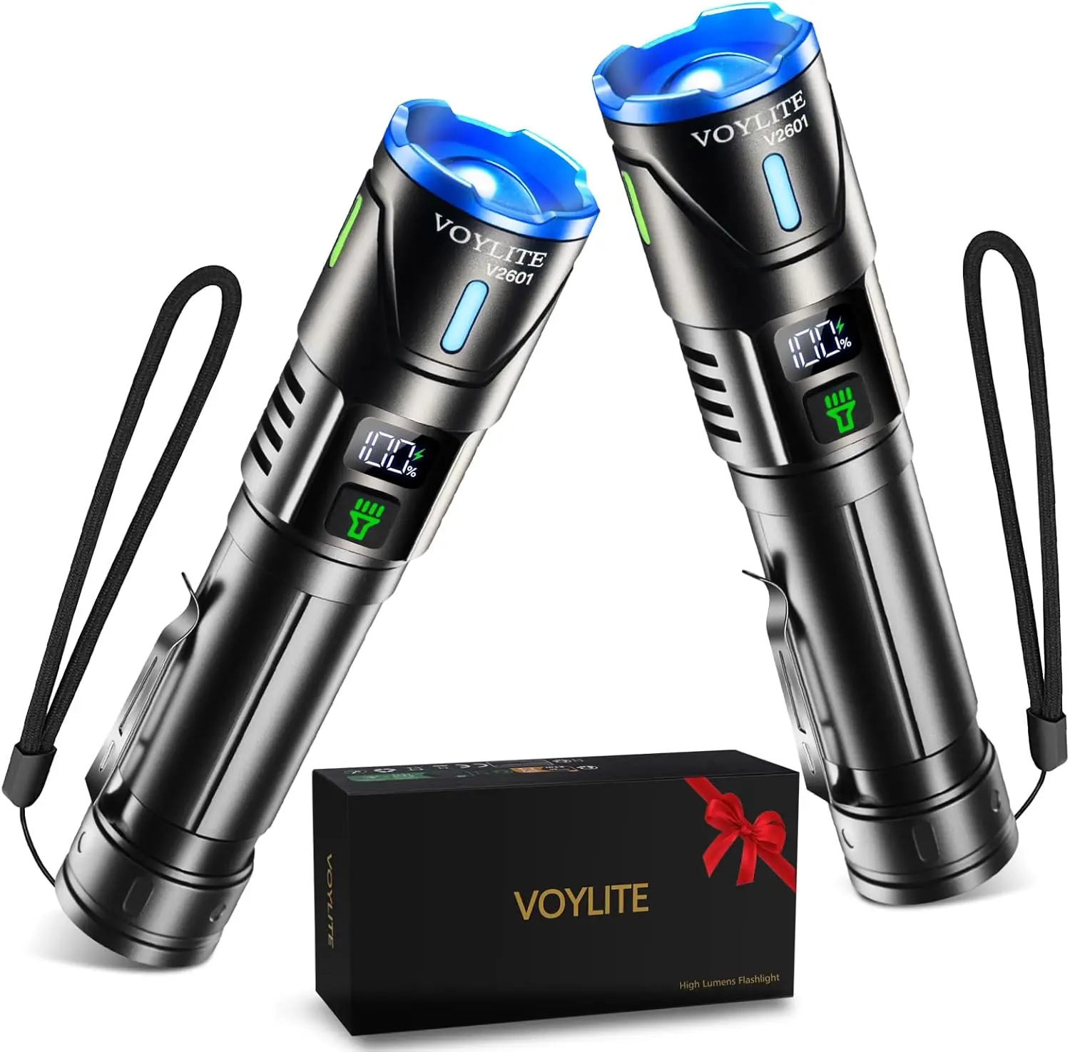 Unisex Rechargeable Tactical Flashlight 2-Pack (Multipack), 100000 Lumens Super Bright Built-In Flashlight Torches, Aluminum Body with Power Display, Zoomable, Drop-Resistant, IP67 Waterproof, for Outdoor Camping & Hiking Use