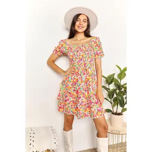 Devine Smocked Sweetheart Neck Flounce Sleeve Mini Dress