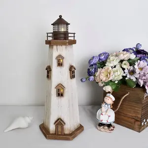 Wood Lighthouse Decor with Light, Decorative Beach Lighthouse Rustic Ocean Sea Tabletop Lighthouse Ornaments Nautical Themed Rooms Wooden Lighthouse Home Decor (16" H)