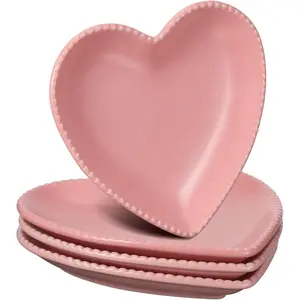 4 Set Heart Shaped Plates Ceramic Salad Cute Plate Set Steak Elegant Dinner Dish 6.9 Inch Dessert Tray Serving Dish Dessert Appetizer Snacks for Mother's Day Anniversary Wedding(Pink)