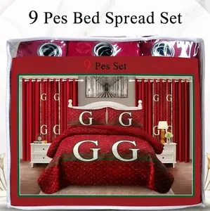 3 different color-9 Pieces Bedspread Set - red with 'G' Design,   Includes 9 Pieces for Bedroom Decor