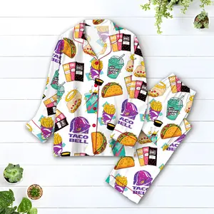 Taco Bell Short Satin Pajamas, Fast Food Print Sleepwear Set for Women, Silky Lounge Outfit, Fun Pajama Shorts, Taco Bell Fan Gifts