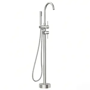 FORIOUS Free-Standing Brass Bathtub Faucet, Brushed Nickel Floor-Mount with Swivel Spout & Handheld Shower, Stainless Steel Build, Easy Installation & Cleaning Compatibility summergarden
