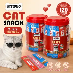 Mewno Squeezable Lickable Cat Puree Treats, 120 STICKS 2 Tubs Value Bundle, 3 Mixed Flavors Chicken Yolk Cod Roe Tuna Salmon Abalone Beef, High Moisture Grain-Free Daily Cat Snacks for Kitten & Adult Cats