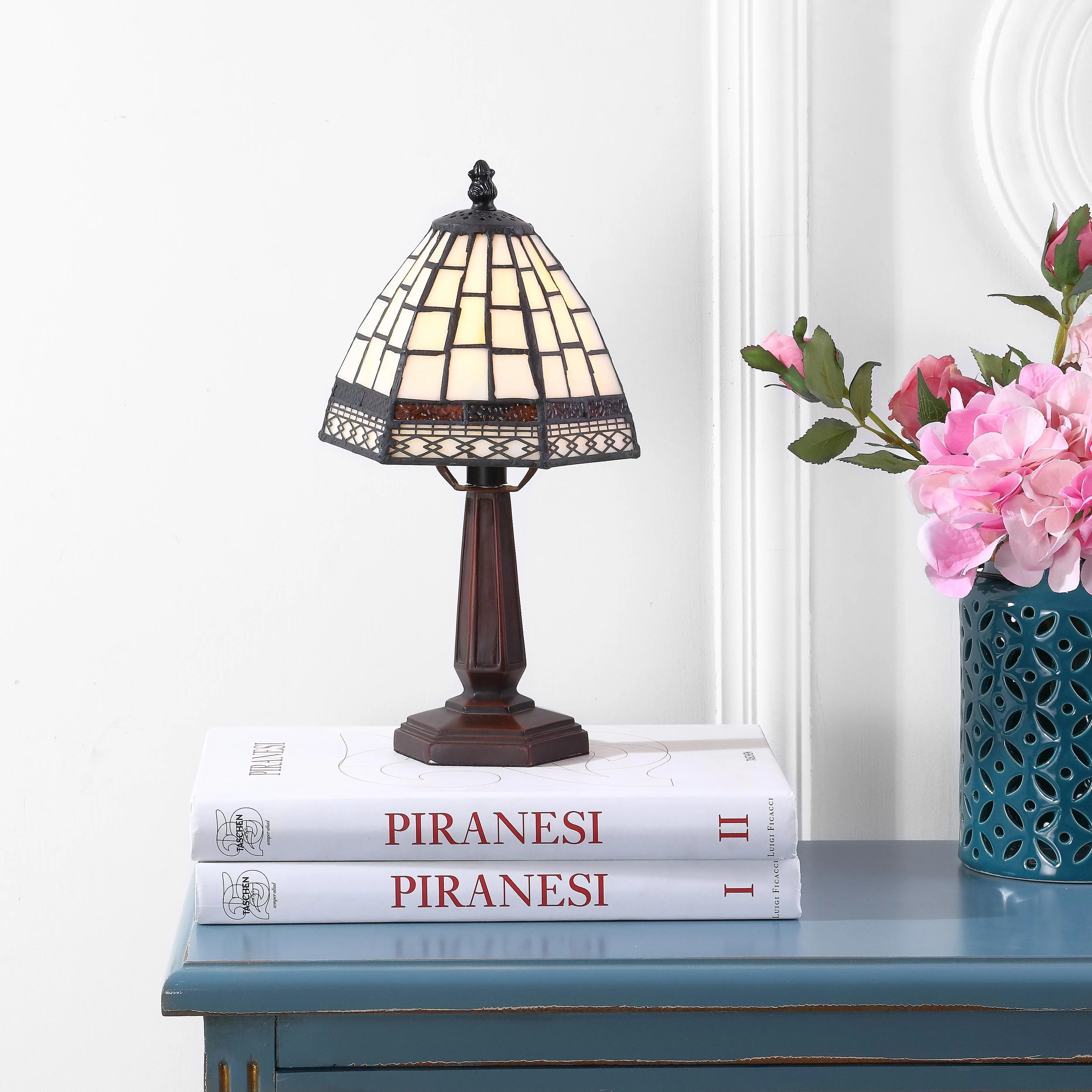 JONATHAN Y Carter Tiffany Style Stained Glass Table Lamp 12" | Vintage Traditional Bedside Nightstand Accent Light, Brown Metal Resin Base, Bell Shade, For Bedroom, LED Bulb Included