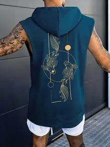 Men's Casual Hooded Sleeveless Vest, Fish Print Graphic Pattern, Fashion Sporty Style, Gym Outdoor Leisure Wear, Fitted Design, No Zipper, Menswear