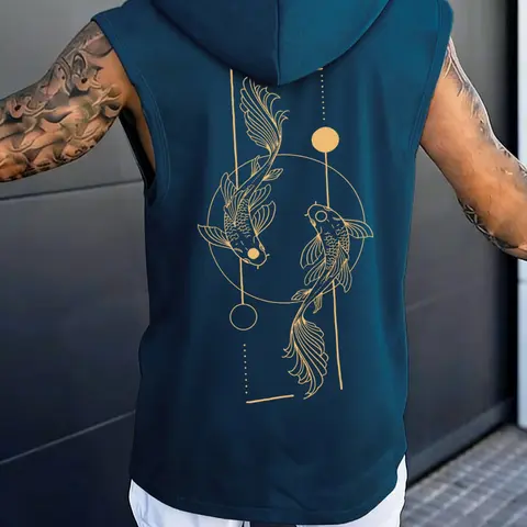 Men's Casual Fashionable Hooded Sleeveless Vest, Fish Graphic, Fashion Sporty Style, Gym & Outdoor Leisure Wear, Fitted & No Zipper