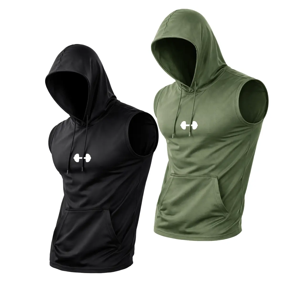 Men’s 2-Pack Sleeveless Athleisure Hoodies - Casual Fitness Breathable Polyester Sporty Chic Active Tops, Quick Dry Skin-Friendly Large Pocket Sportswear for Running, Outdoor Training