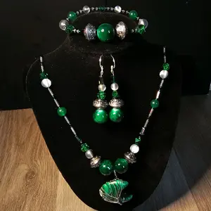 Gabriela Haller HigherKii Artique Green Tigress Jewelry Set with Crescent Pendant and Beaded Necklace Set