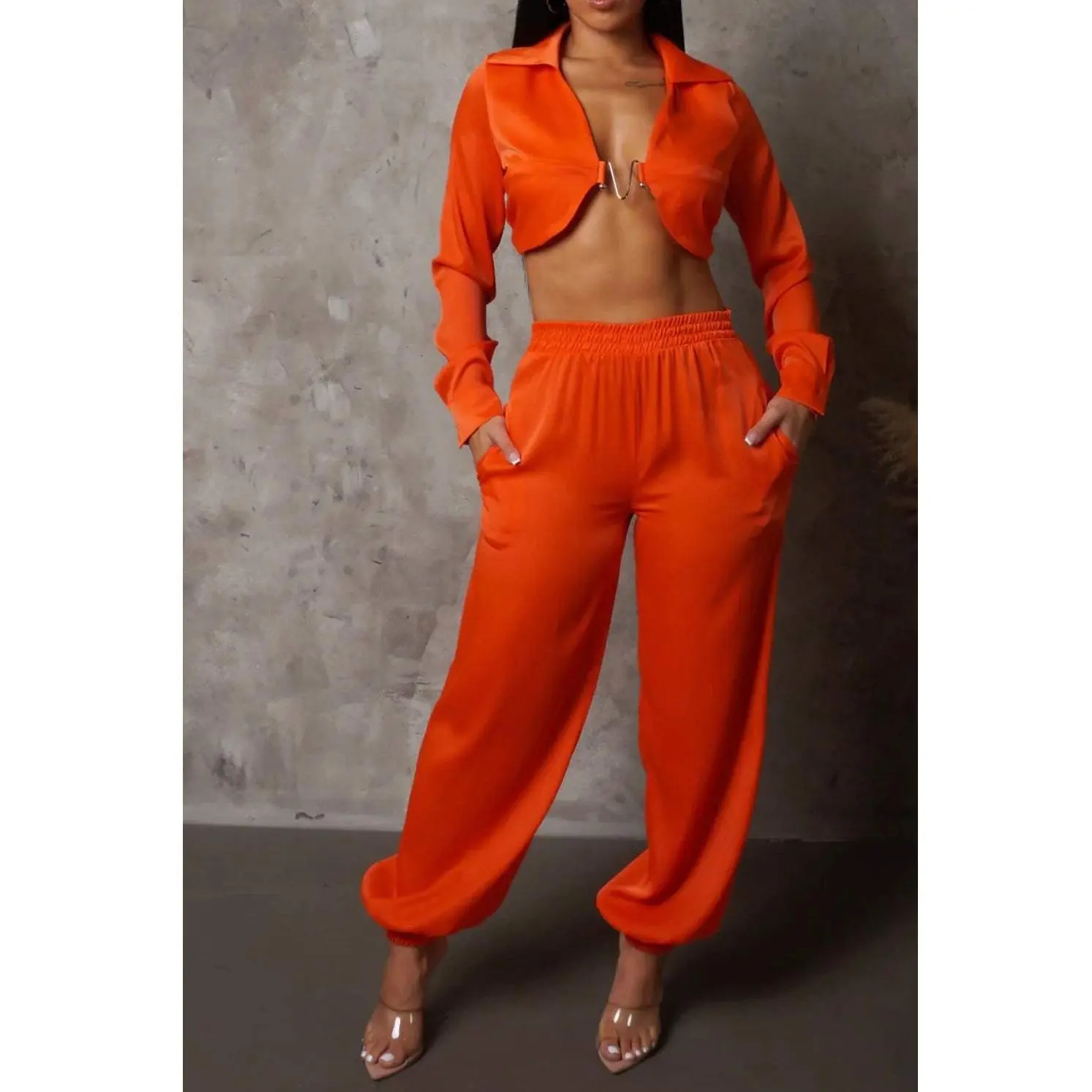 Goddess Satin 2 Piece Pants Set (Orange)