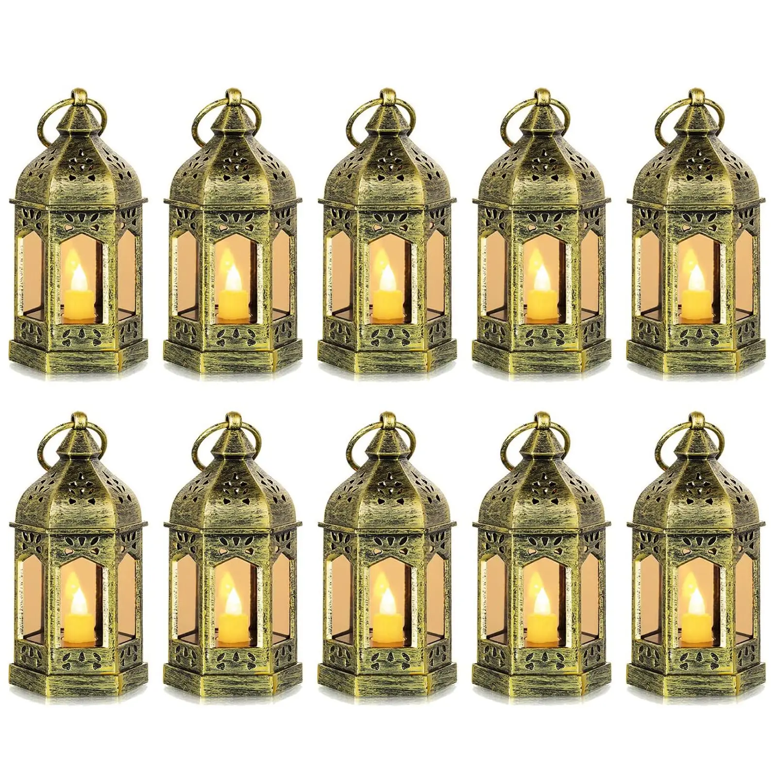 Mini Lantern with Flickering LED Candles Set of 10 Gold Vintage Decorative Hanging Candle Lanterns for Ramadan Halloween Wedding Party Table Centerpiece Battery Included
