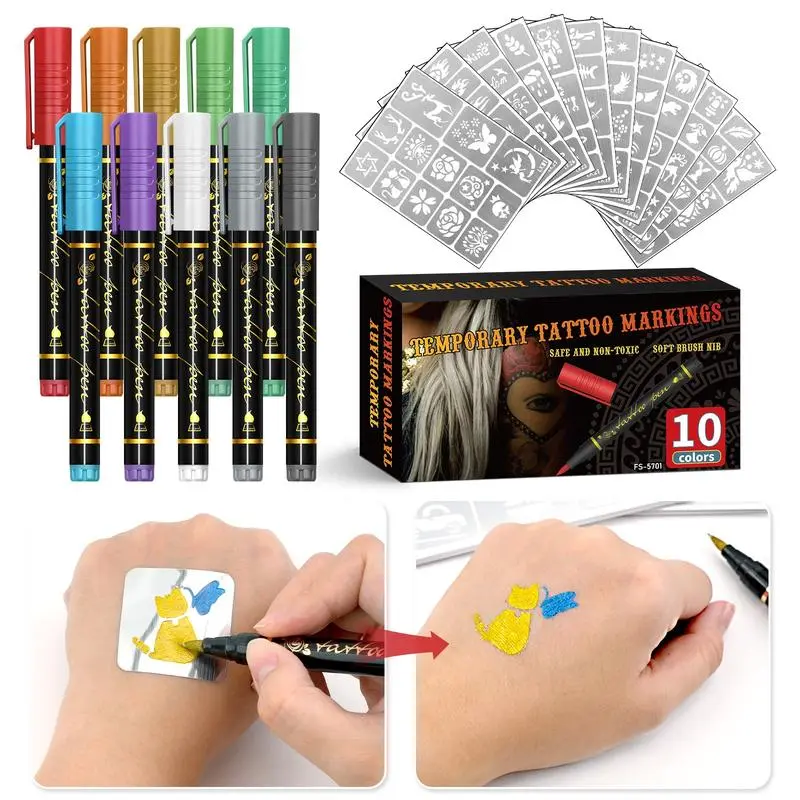 Temporary Tattoo Marker Pen Set, 10-Piece Face Body Paint Markers for DIY Body Art, With Tattoo Stencils, Body Painting and Drawing, Halloween Christmas  Makeup