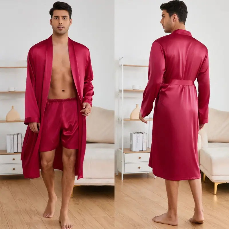 Men's 2-Piece Silky Silver Satin Polyester Pyjamas Set - Long Sleeve Button-Down Shirt & Loose Pants, Plain European-American Style Menswear, All-Seasons Hotel Loungewear, XL Sleepwear with Soft Satin Fabric for Bathing Use