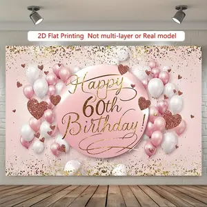 1PC,2D Flat Pink Heart Balloon 60th Birthday Backdrop, Adult Party Decoration Banner, Golden Glitter Scene Layout, Photography Prop, Festival Celebration Background Curtain