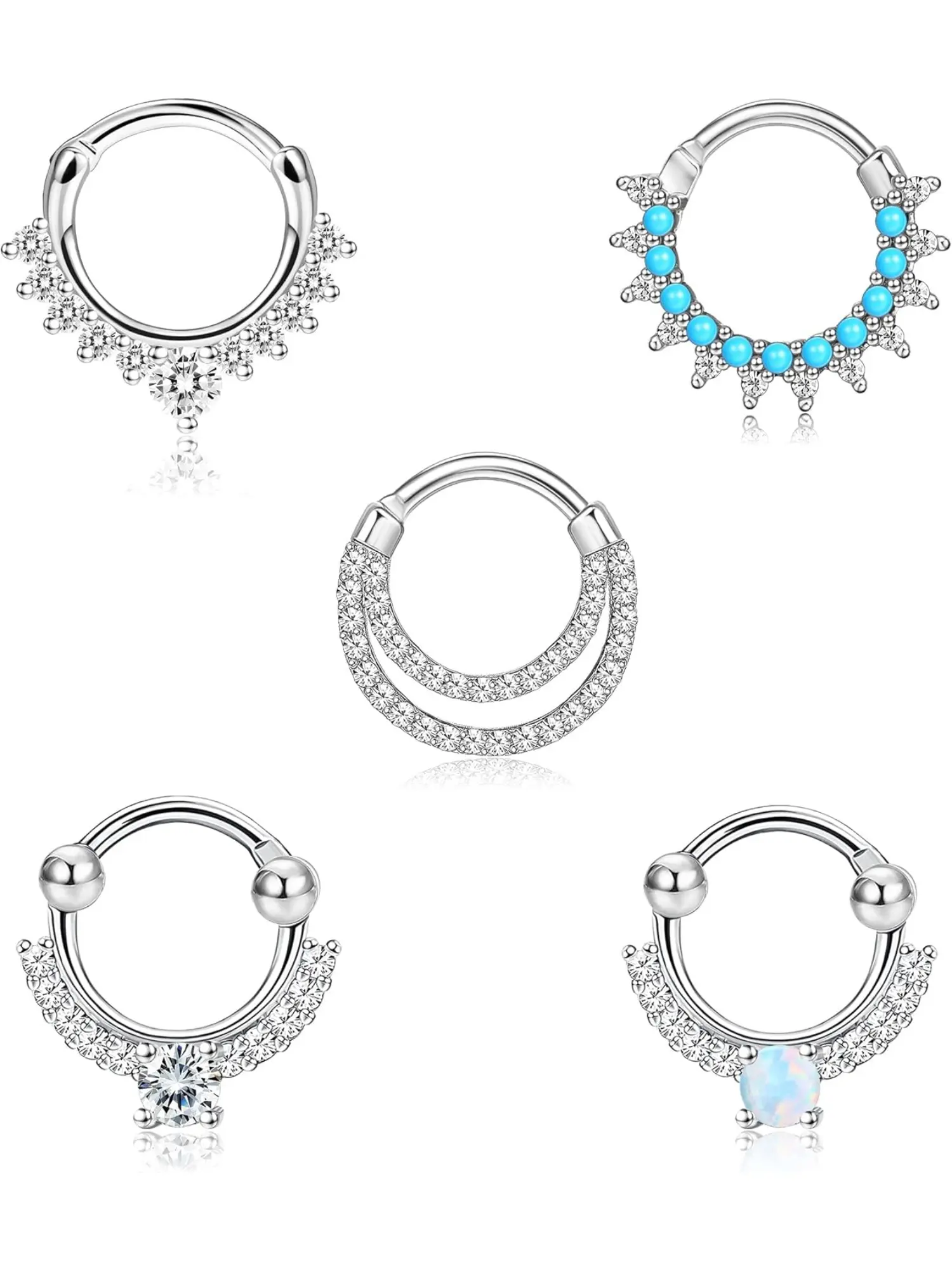 5PCS 16G Septum Rings Opal Daith Earrings Hoop Nose Rings 316L Stainless Steel CZ Cartilage Helix Tragus Earrings Septum Clicker Piercing Jewerly, Nose Piercing Jewelry