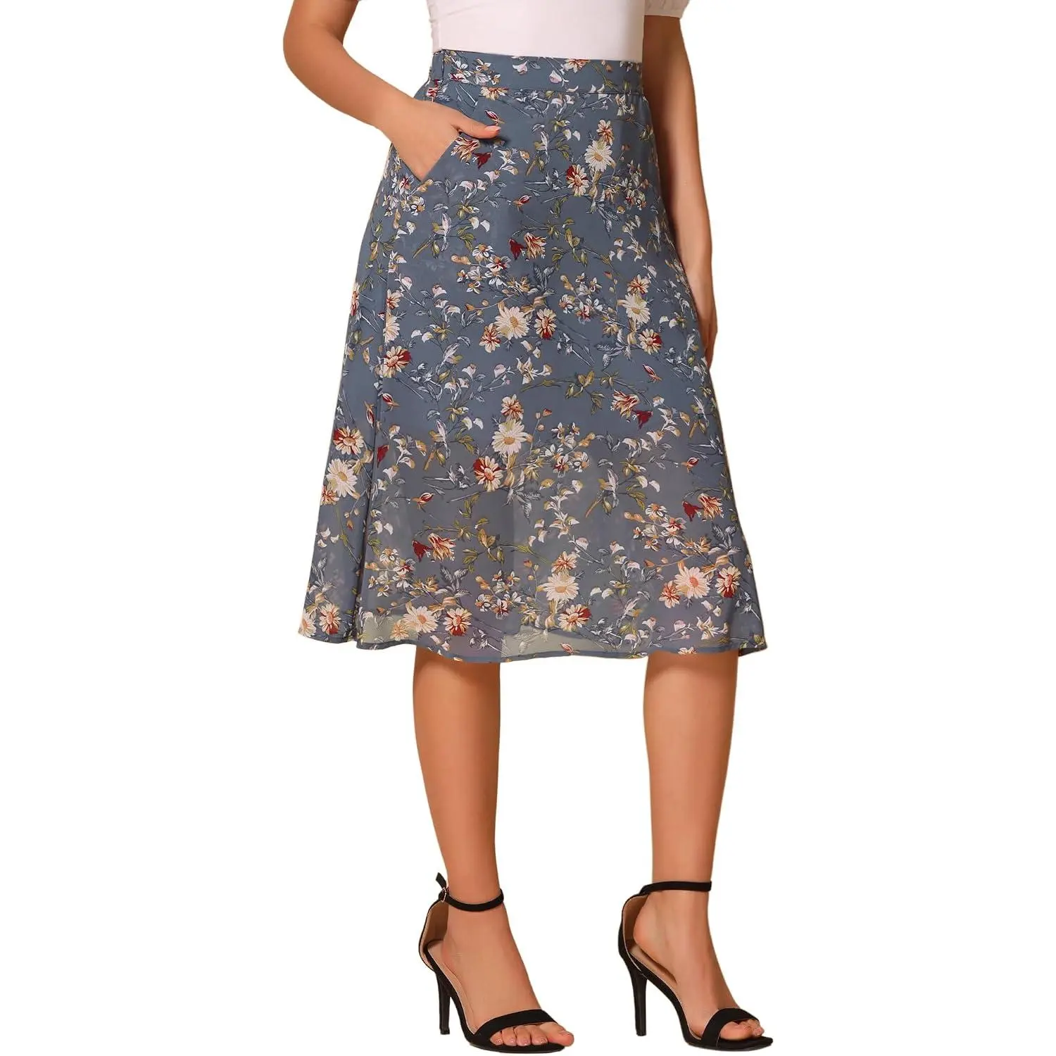 K Women's Floral Skirt A-Line Midi Skirt Chiffon High Waist Skirts | Vintage-inspired Floral Print, Side Pockets, Side Zip, A-line Silhouette, Knee Length, Chiffon