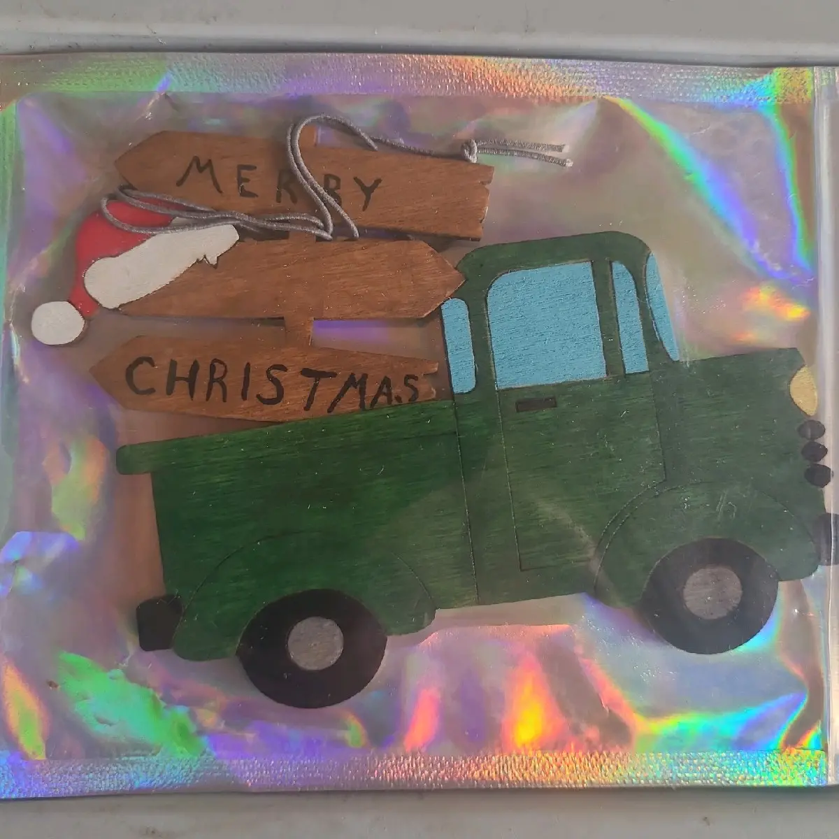 Green/Blue/Brown Christmas Truck with Sign Wooden Freshie