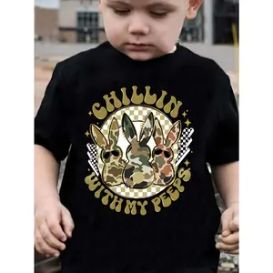 Kids' Boys' Cotton Slight Stretch Easter T-Shirt, Chillin' with My Peeps Letter Print, Rabbit Graphic, Trendy Versatile Holiday Top