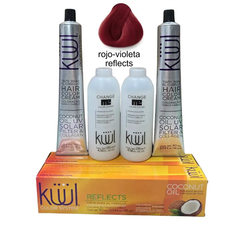 KUL Reflects Red-Violet Semi Permanent Purple Hair Dye Kit for Adults - 2x90ml Tintes, 2x20 Vol 6% Cream Peroxides, Nourishing Coconut Oil No Bleach Color for Faded Hair, Mix Ratio Guide