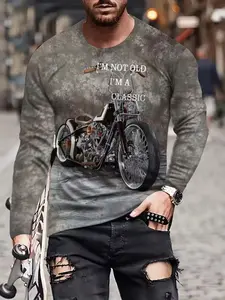 Men's Classic Retro Moto Digital Print T-Shirt, Crewneck Casual Sporty Comfort Long Sleeve Tee, Fitted Long Sleeve Pullover, Fall & Winter Clothing, Menswear