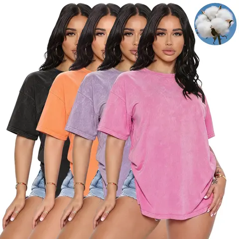 Women's Pure Cotton 4-Pack Short-Sleeve Crewneck Tshirts - Solid Plain Distressed Wash, Loose Fit Multi-Function Clothes for Women, Ideal for Casual Sports, Daily Wear