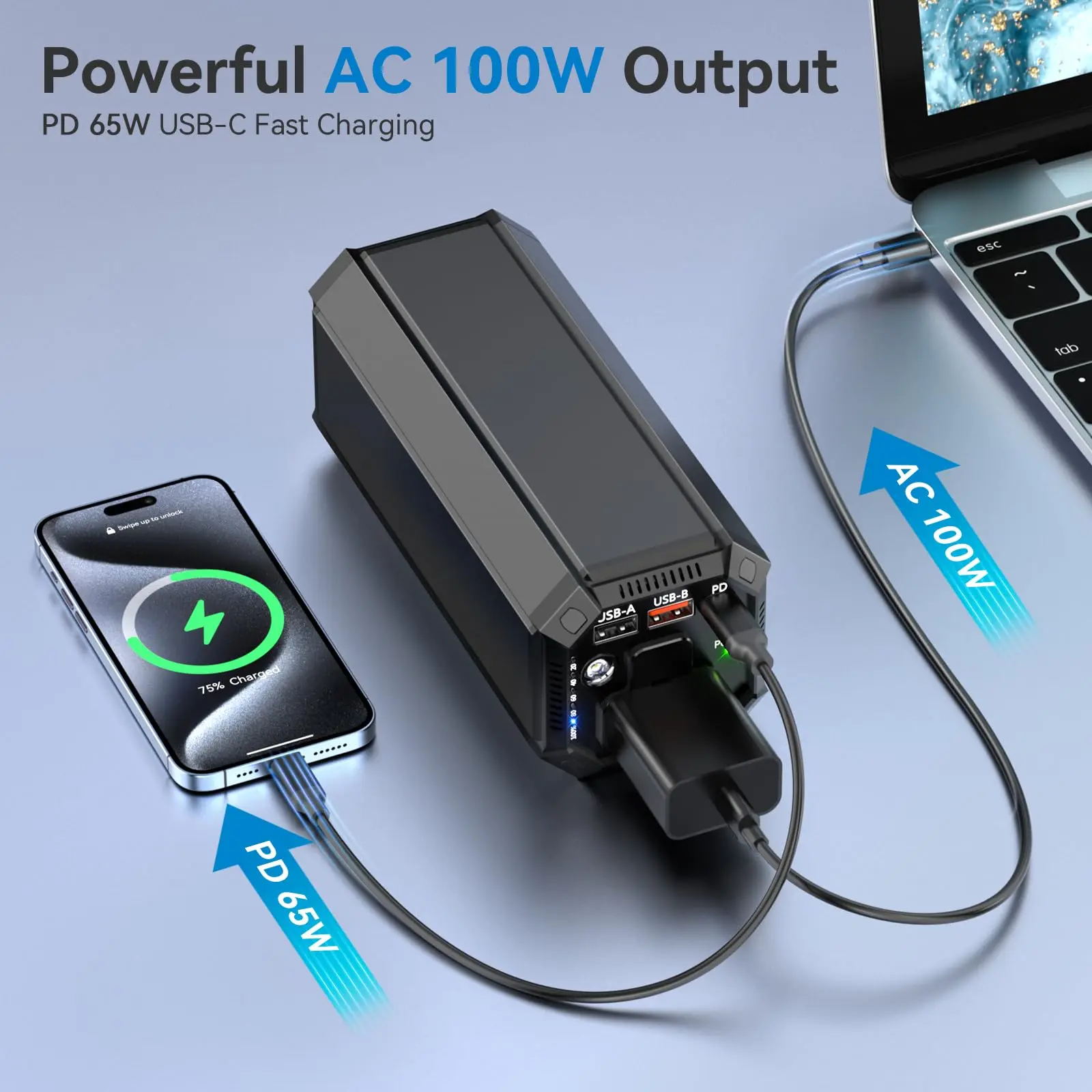 Power Bank with AC 100W,Portable Laptop Charger,98Wh/27000mAh External Battery for Laptop,PD 65W Type-C,Compatible for Outdoor RV Camping Travel Emergency Backup Home