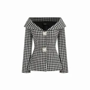 Cider Tweed Houndstooth Collar Rhinestone Detail Cinched Waist Blazer