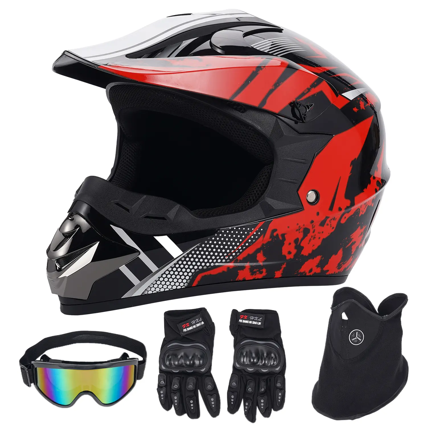 DOT Certified Fullface Motocross Helmet - Hard-Shell Impact Youth & Adult Helmet with Chin Strap, Goggles, Gloves & Mask for Off-Road ATV, Dirt Bike Use