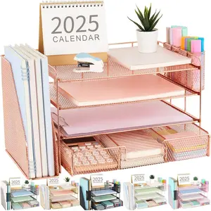 Desk Organizers and Accessories with File Holder, 4-Tier Accessories & Workspace Organizers with Drawer and 2 Pen Holders, Organizer for Office Supplies (Rose Gold)
