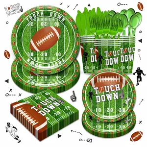 168pcs Football Birthday Party Supplies - Touchdown Green Football Themed Party Decorations Include Dinner Plates, Cups, Napkins, Cutlery for 24 Guests