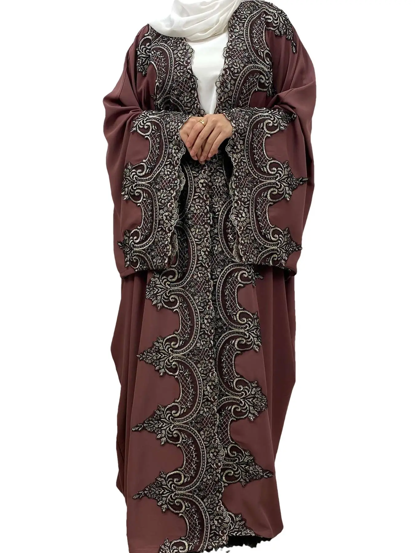 Women's Patchwork Appliques Batwing Sleeve Open Front Abaya, Modest Casual Long Sleeve Long Dress for Daily Wear, Ladies Islamic Clothing for All Seas