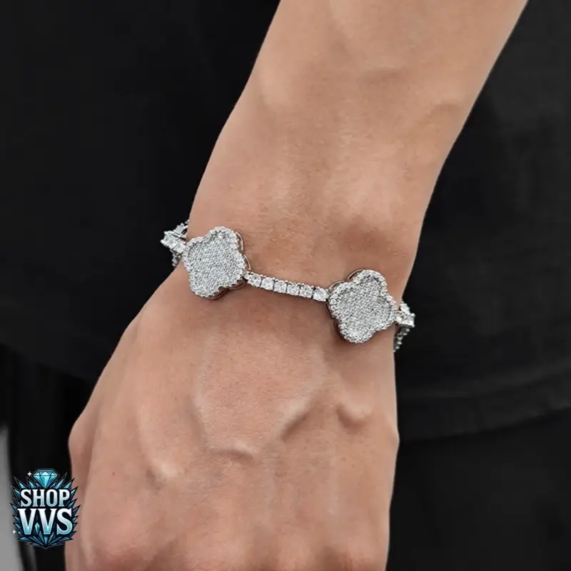Clover Flower Tennis Bracelet - 18K Gold/Silver Plated, Iced Out CZ Moissanite, Unisex Gift Floral Accents Elegant Design
