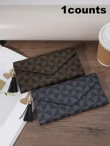 Women's Fashionable Geometric Pattern Long Wallet, Casual Multi-card Slot Tassel Decor Multi-functional Purse, Elegant PU Leather Wallet, Stylish Wallet