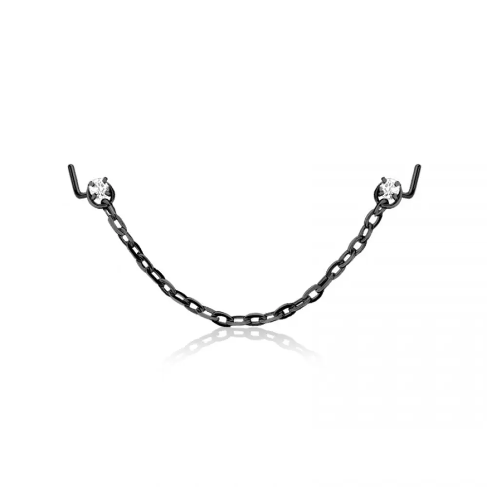 Prong Set CZ Crystal L-Bend Nose Studs with Connecting Chain - 316L Stainless Steel