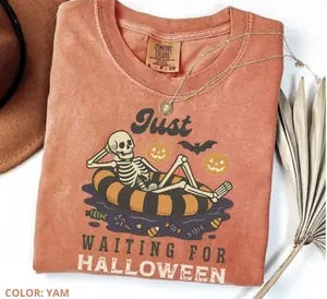 Comfort Colors Just Waiting for Halloween TShirt, Funny Skeleton Fall T-Shirt, Pumpkin Bat Halloween Tee, Spooky Season Candy Shirt, Lazy Skeleton Shirt For Men & Women