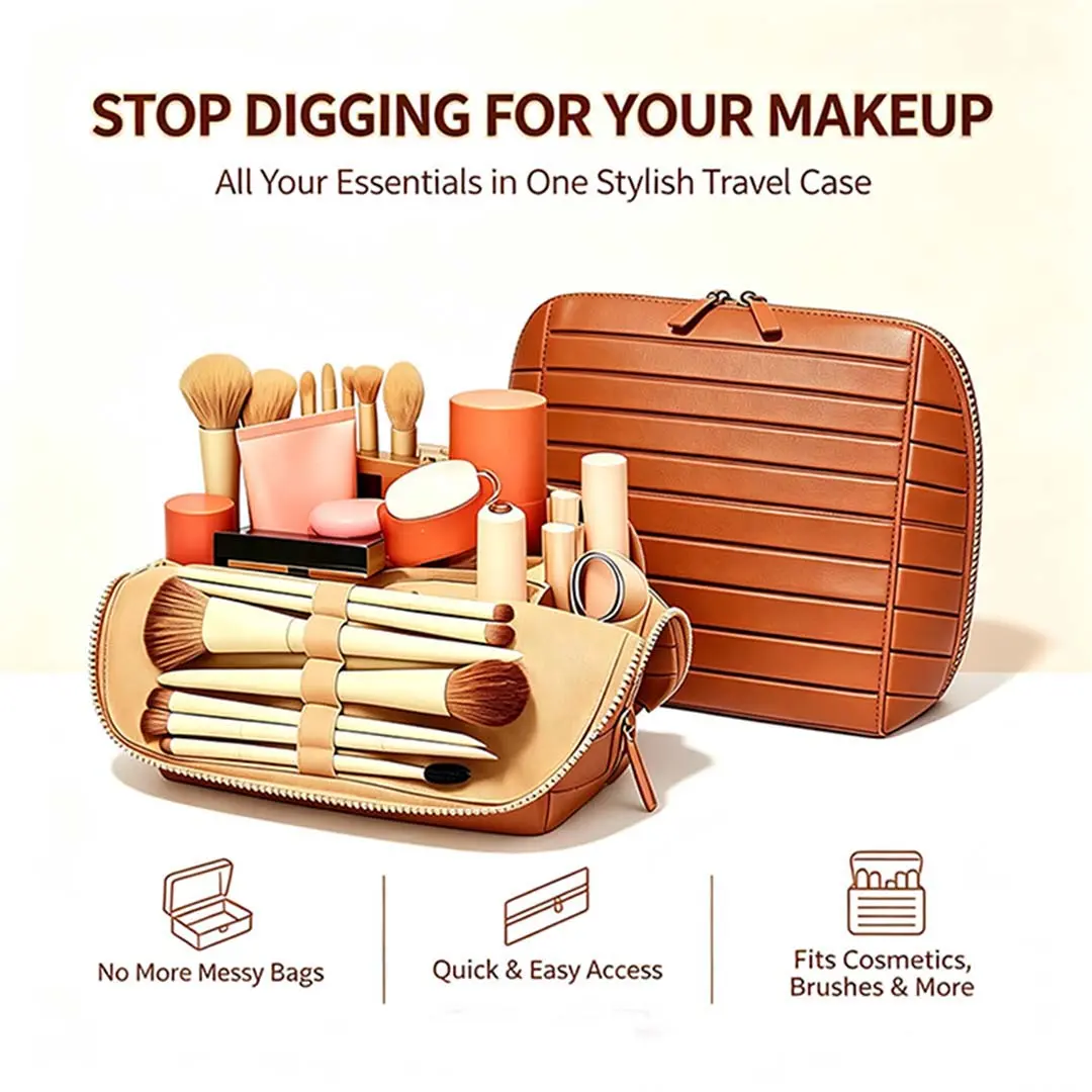 Classic Striped Leather Foldable Waterproof Travel Cosmetic Bag - Medium Handheld Cosmetic Pouch with Divider, Upright Stand, Brush Holder, Thick Zipper, Large Capacity, Durable for Daily Home & Travel Toiletry, Makeup Storage