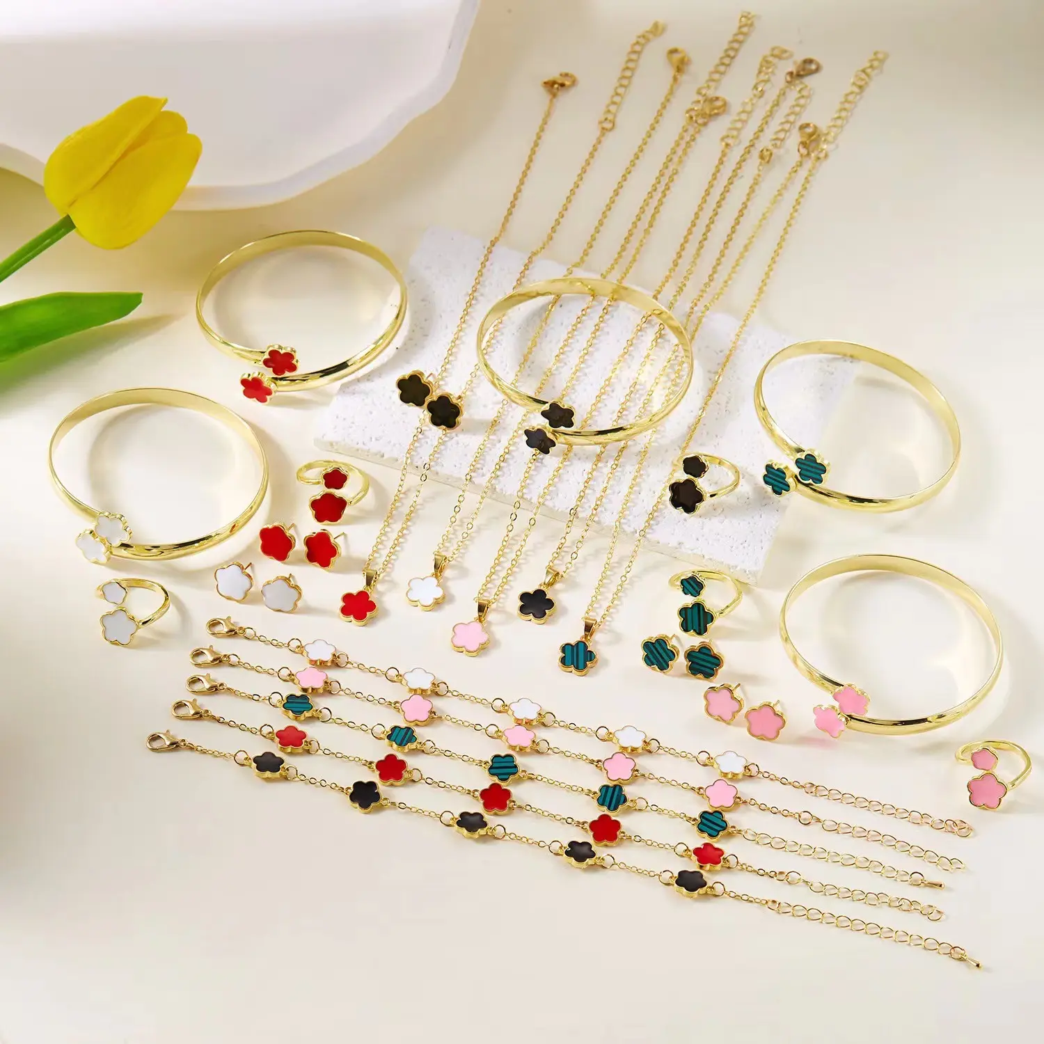 Flower Design Jewelry Set, Gift for Girlfriend Elegant Necklace + Bracelet + Bangle + Ring &Stud Earrings, Prom Jewelry Set, Fashion Cute Jewelryfor Parties, Daily Decor, Trendy All-match and Exquisite Jewelry for Birthday Gifts Holiday Gifts